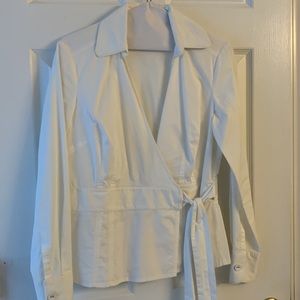 Crisp, white LOFT surplice wrap long-sleeved peplum top, size 6